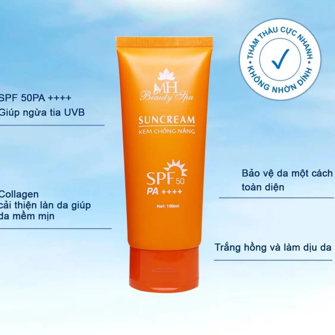 Kem chống nắng vật lý MH Beauty Spa, Kem chống nắng dưỡng ẩm, dưỡng trắng, kiềm dầu suncream 100ml. tất cả các loại da collagen