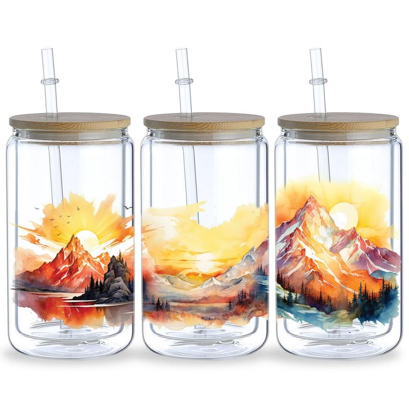 Product Introduction of Summer Sunset Pattern UV DTF Cup Sticker, 5 Counts/set Waterproof UV DTF Sticker, Decorative Sticker for 16oz Glass Cup, DIY, Furniture, Crafts 5