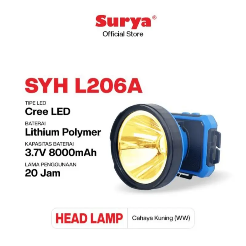 Surya Senter Kepala Cas TAHAN AIR 20w SYH L205A / L206A Head Lamp Rechargeable L 205 L205 / L 206 L206 + Lampu Indikator Baterai