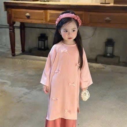 Áo Dài Tết lụa  Ngọc trai Cách Tân Cho Bé Gái 12kg - 34kg Tặng Kèm bờm Tóc Siêu Dễ Thương 2