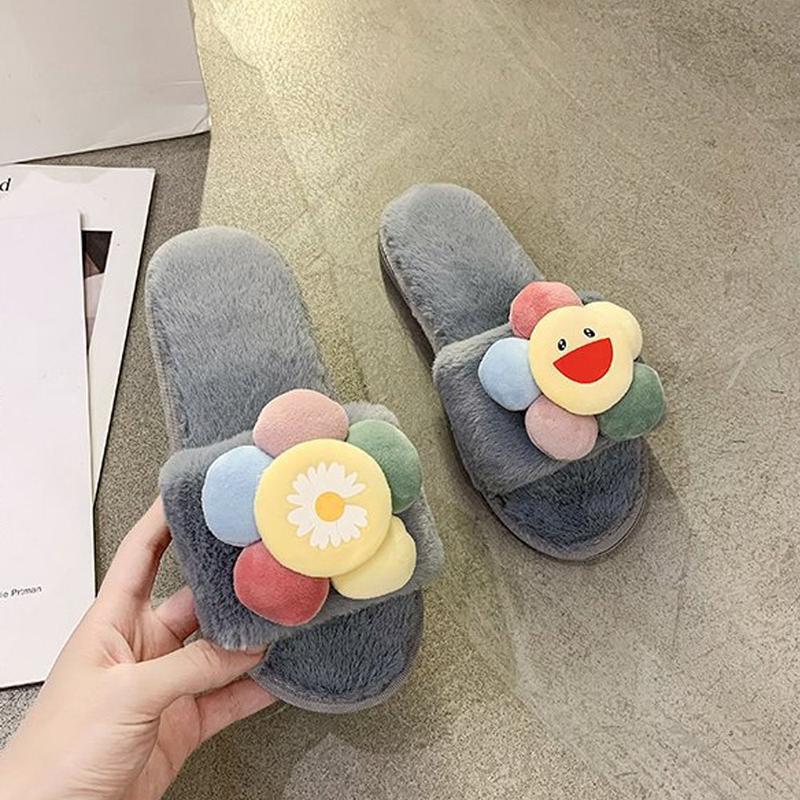 Dép lông thỏ hình Hoa mặt cười to đi trong nhà, quai ngang dạng bánh mì, đi ấm chân vào mùa đông Dép Nữ 4