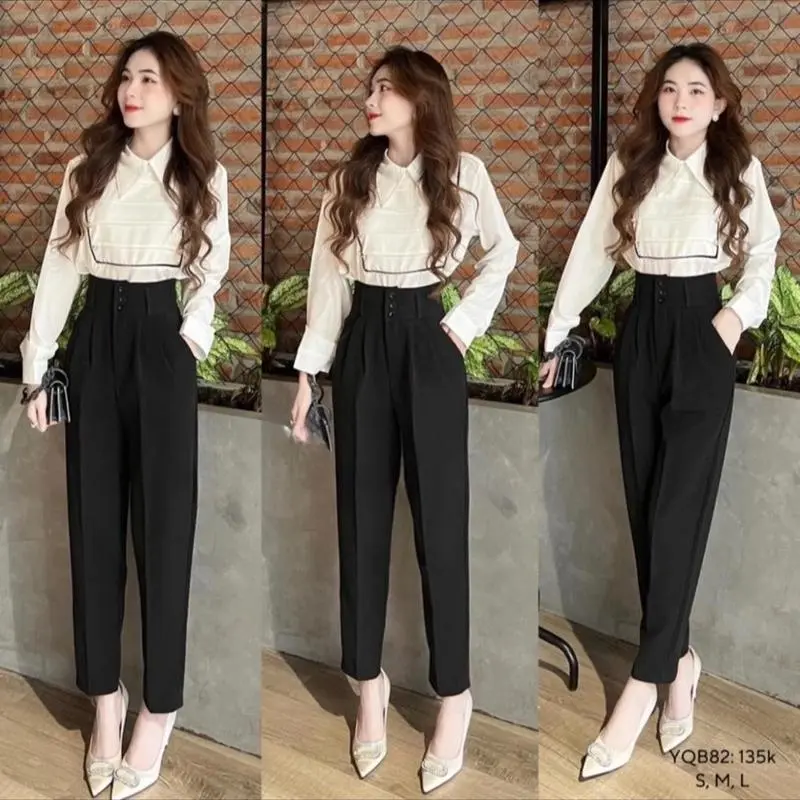 Quần vải nữ cạp cao công sở đi học ống baggy đứng 3 cúc bản to dáng quần tây nữ lưng cao đi học làm công sở đáy cao dài Pants Ong Women 5