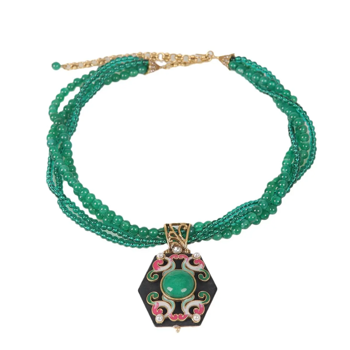 2025 New High-Grade Fashion Retro Dark Green New Chinese Enamel Dotted Green Natural Stone Necklace