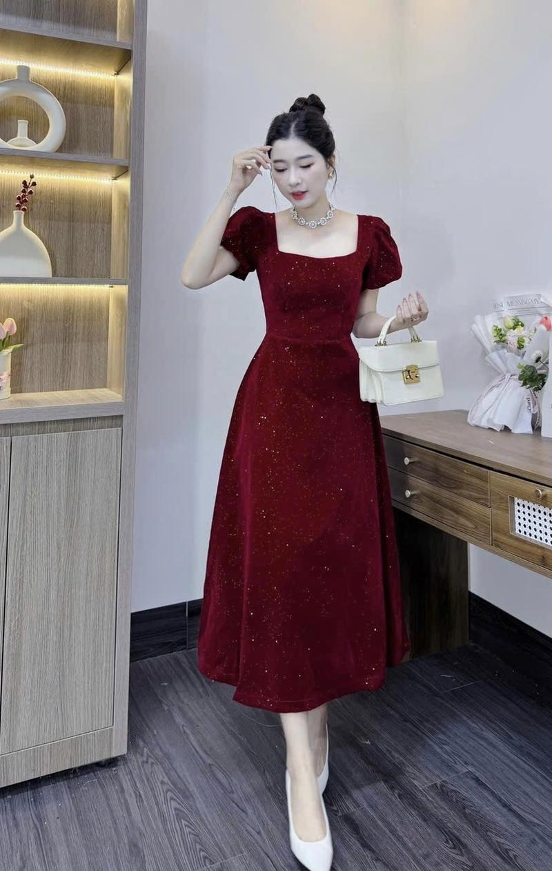 Product Introduction of Đầm nhung kim tuyến tay phồng cổ vuông kiểu dáng dài trẻ trung 7