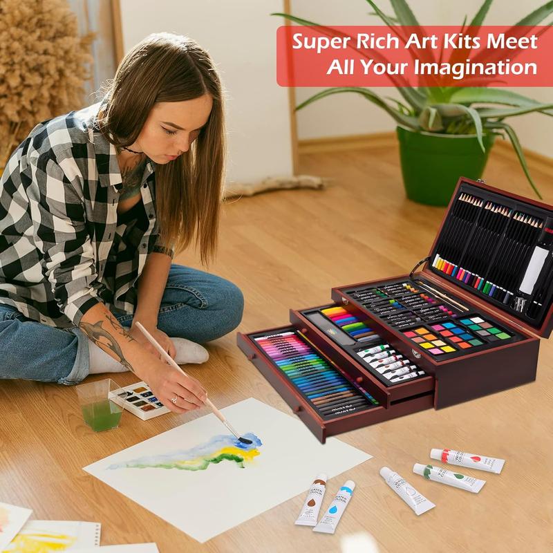 TikTok Shop Art Supplies 185 Super Deluxe Wooden Art Set Crafts Drawing Kit with 2 Sketch Pads Crayons Oil Pastels Colored Pencils Watercolor Cakes Creative Gift for Teens Beginners Girls Boys