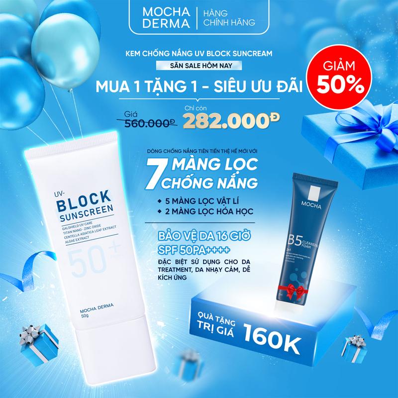 Kem Chống Nắng Cho Da Sau Peel - Mocha Derma SPF 50+ Mua 1 được 1 Sửa Rửa Mặt Skincare Sunscreen