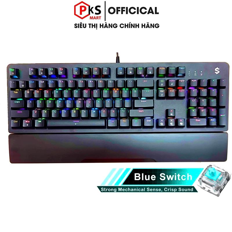 PKSMART BLACK S K104 - Bàn Phím Cơ Gaming Có Dây - LED RGB 15 Hiệu Ứng Và 8 Màu LED Đơn - Anti Ghosting Full Phím - Blue Switch - Kê Tay Tháo Rời - App Chỉnh Maco - Bảo Hành Lỗi Đổi Mới