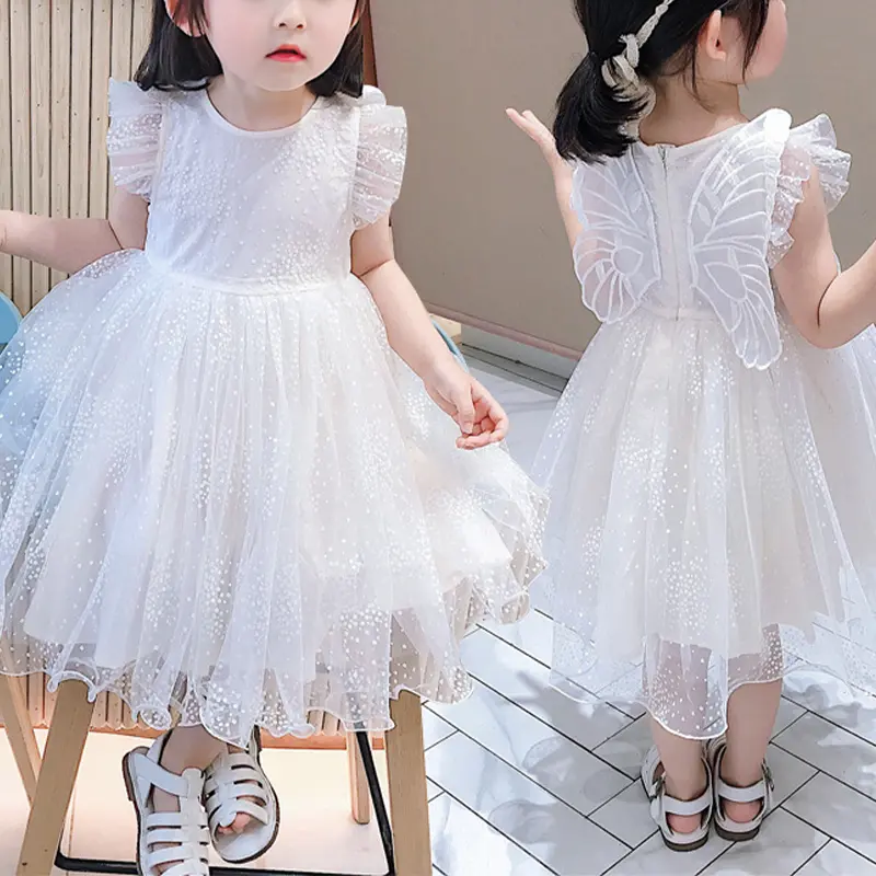 Sweet Girls Princess Dress Dot Print Ruffled Short Sleeve Tutu Evening Ball Gown with Butterfly Wings