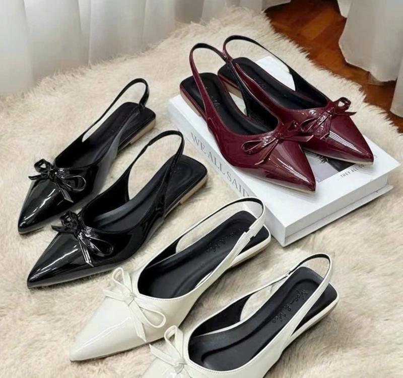 GIÀY SỤC MŨI NHỌN da bóng quai Hậu chun co giãn gắn NƠ NHÍ 3 màu Đen/Kem/Đỏ Đô - Size 35-39 - DéP, sandanl