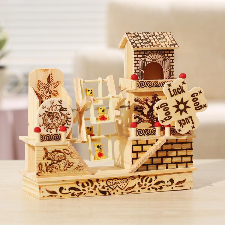 Three-Story Cottage Windmill Music Box Ornament Creative Desktop Decoration Wooden Eight Tones Student Couple Gift 4
