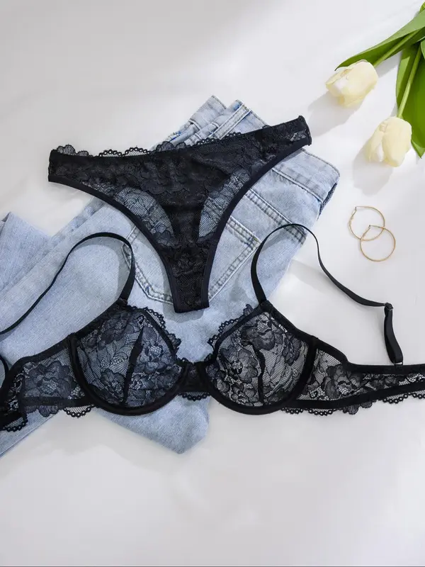 Women's Solid Color Underwire Lace Bra & Panty Two-piece Set, Soft Comfortable Breathable Lingerie Set, Lingerie Set for Women, Womenswear 4