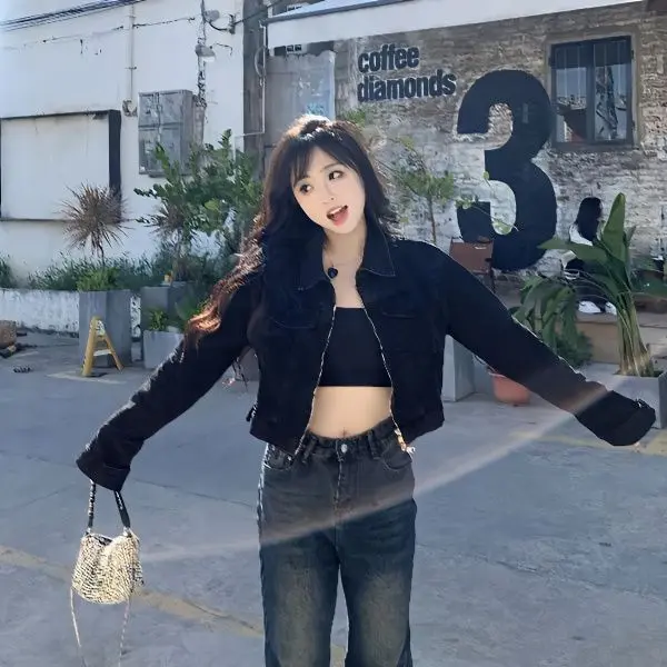 Áo Khoác Denim, Ngắn, Dành Cho Nữ, Hàng Mới Về, Màu Đen Và Xám Giặt, Có Khóa Kéo, Phong Cách Thanh Lịch, Ngọt Ngào Và Ngầu, Áo Khoác Đẹp Trai Top Jacket Women Kem