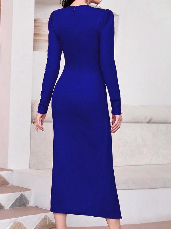 Women's Twist Ruched Wrap Split Thigh Puff Sleeve Dress, Elegant Long Sleeve V Neck A Line Dress For Spring & Fall, Ladies Clothes For Work Office Business, New Luxury Wedding Dress 1