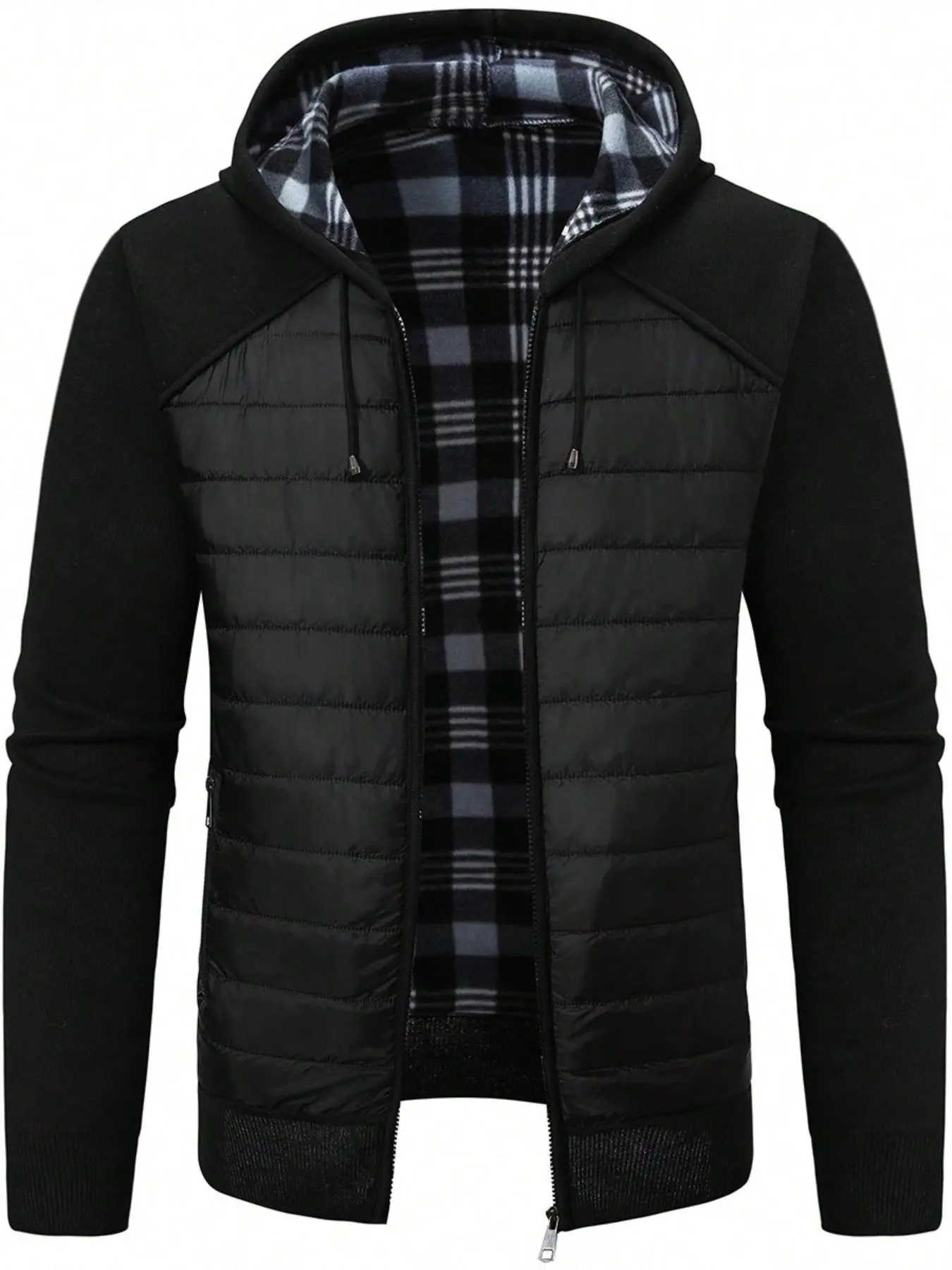 Men's Plaid Patchwork Print Drawstring Zip Up Hooded Jacket, Regular Fit Casual Long Sleeve Outerwear for Fall & Winter, Men's Clothes for Daily Wear