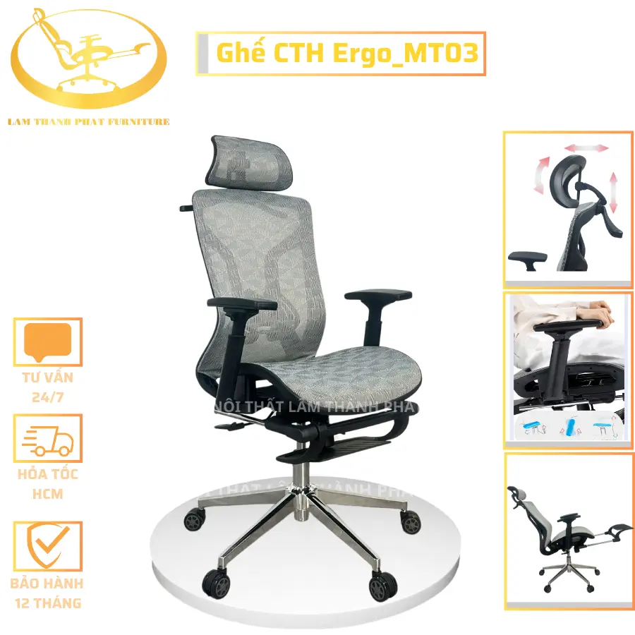 Ghế CTH Ergo_MT03 full lưới, ghế làm việc và học tập sử dụng lưới tam giác cao cấp,tựa đầu chỉnh 3D tích hợp móc treo áo