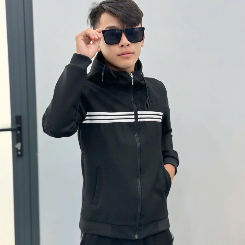 Áo Khoác Thun Vãi Dày Dặn Phối 3 Sọc Ngang Cao Cấp QC - Nam Men Menswear Có Túi