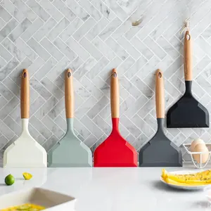 Spatula Tamagoyaki, Spatula Silikon Mulut Lebar Anti Lengket, Peralatan Memasak Pegangan Kayu Tidak Merusak Panci Sekop Pizza Telur