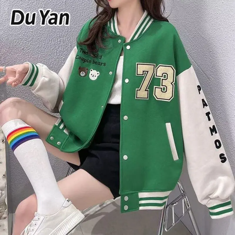 SS24 Autumn and winter women's jacket letter print baseball uniform loose Korean version large size long sleeve V-neck single breasted jacket