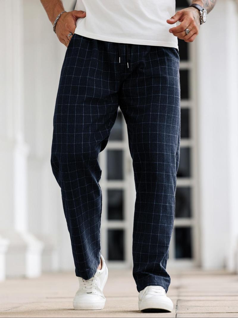 Product Introduction of Men's Plaid Print Drawstring Waist Straight Leg Pants, Regular Fit Casual Comfy Pocket Trousers for Daily Wear, Men's Bottoms for All Seasons 5