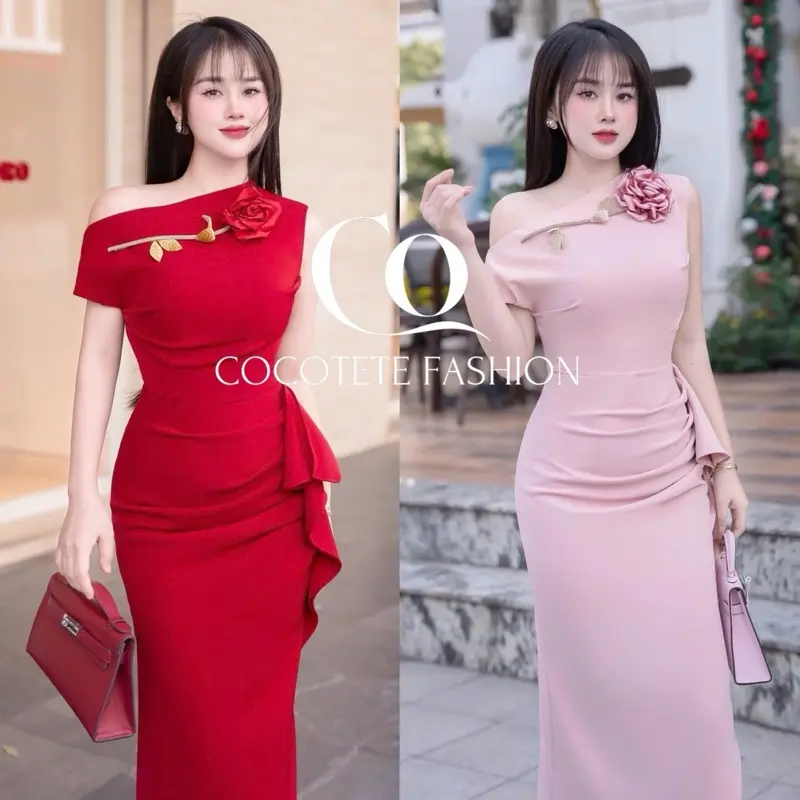 COCOTETE - VÁY TRƯỢT LỆCH VAI NHÚNG EO DÁNG DÀI THIẾT KẾ DỰ TIỆC SANG TRỌNG