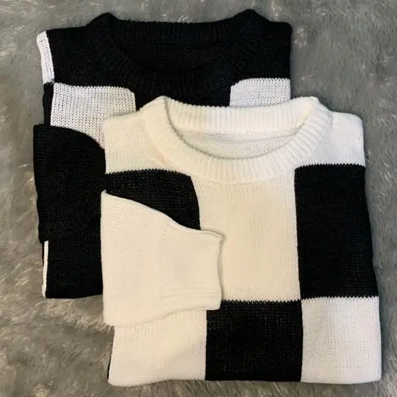 Sweater Rajut Crop Top Korean Style Motip Kotak Kotak Atasan Wanita Crop 5