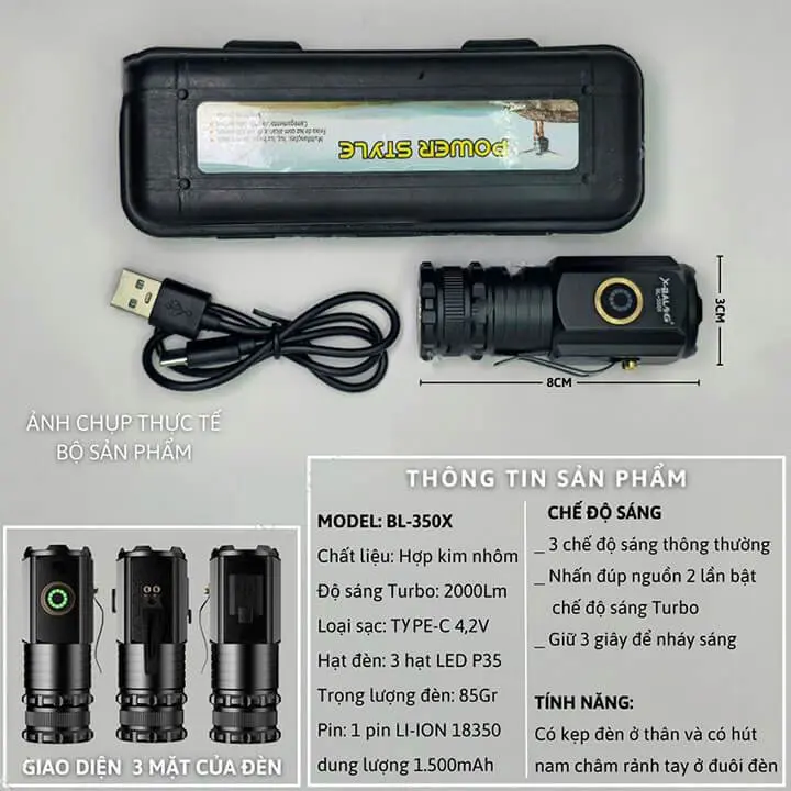 Đèn pin mini siêu nhỏ gọn, siêu sáng X-Balog 350X cường độ sáng 2000 lumen, cổng sạc Type C 2
