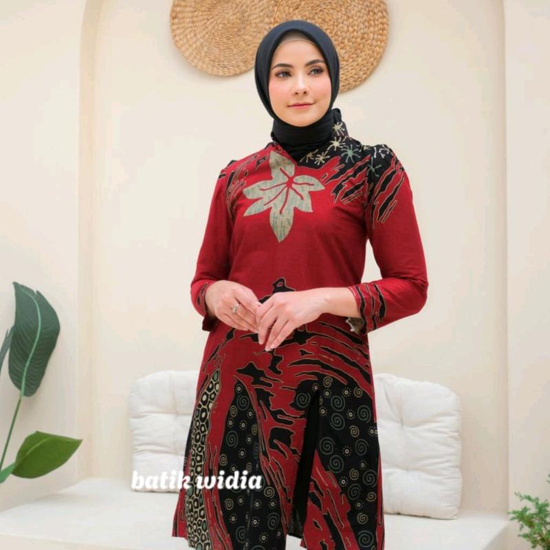 Tunik Batik Modern Wanita Lengan Panjang Puffy Shoulder Tunik Mustika By Batik Widia Katun Motif Seragam Kerja 1