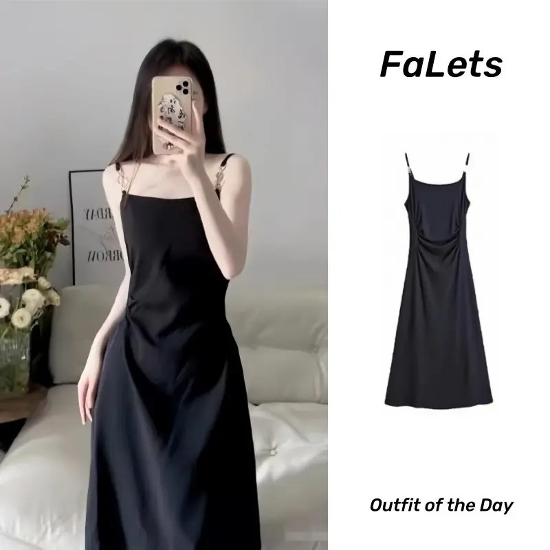 Váy 2 dây Váy cottagecore trễ vai bigsize nữ Đầm hai dây Váy đi biển Màu Đen Phong Cách Pháp Thời Trang Cho Nữ