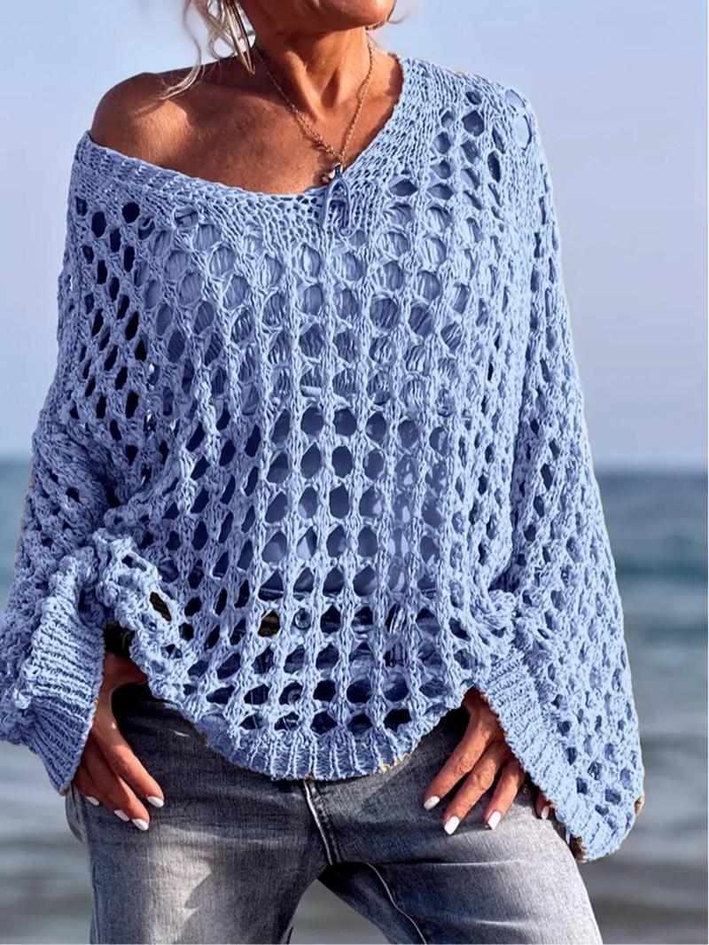Product Introduction of Women's Plain Hollow Out Sweater, Casual   Long Sleeve Jumper for Summer, Fashion Women's Knitwear for Daily Wear 4