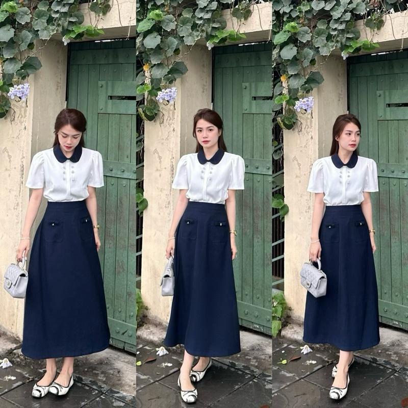 Set Thiết Kế Cổ Sen Phối Chân Váy Nơ Tiểu Thư
