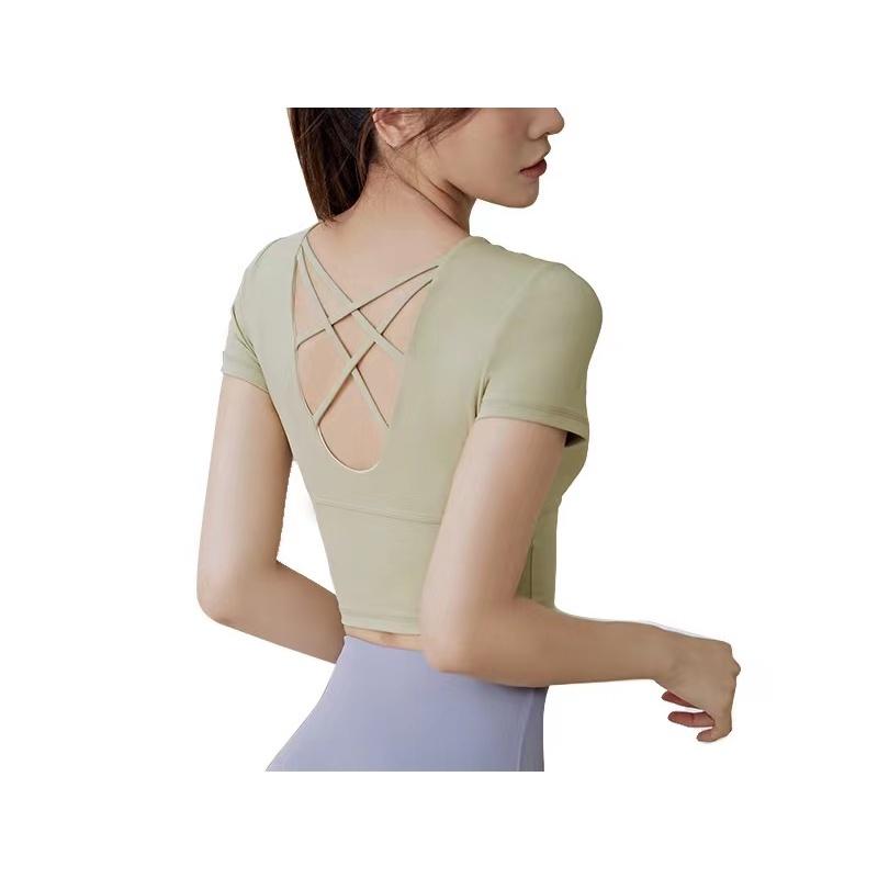 Maglietta sportiva da yoga semplice ad asciugatura rapida, ad alta resistenza, a maniche corte, con supporto, da corsa_voghion.com