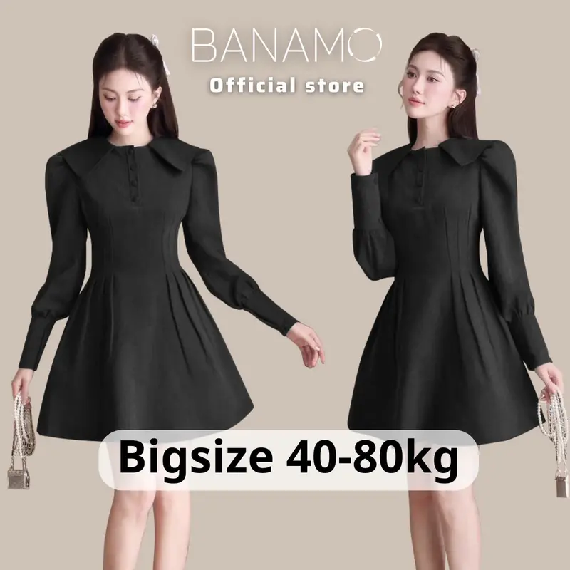 Váy nữ BIGSIZE Banamo Fashion đầm dài tay dáng xòe thiết kế chiết eo cổ ve tiểu thư thanh lịch 5903 0