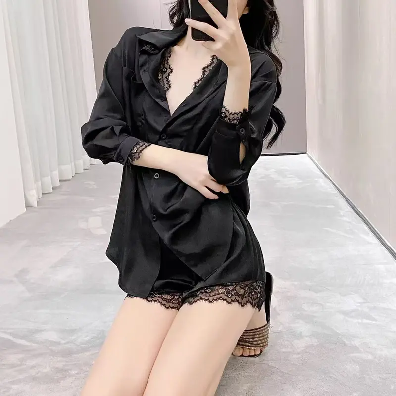 Bộ Đồ Ngủ Ren, Dành Cho Phụ Nữ, Đồ Ngủ Gợi Cảm, Phong Cách Bạn Trai, Áo Sơ Mi Bộ Hai Mảnh, Hàng Mới Về, Tay Áo Dài, Bộ Đồ Mặc Ở Nhà 8