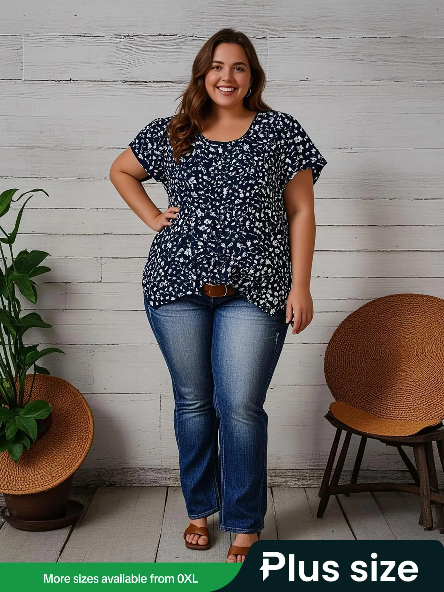 【Plus Size】 Ditsy Floral Print Round Neck Top, Casual Crew Neck Top for Summer, Women's Plus Clothing for Daily Wear
