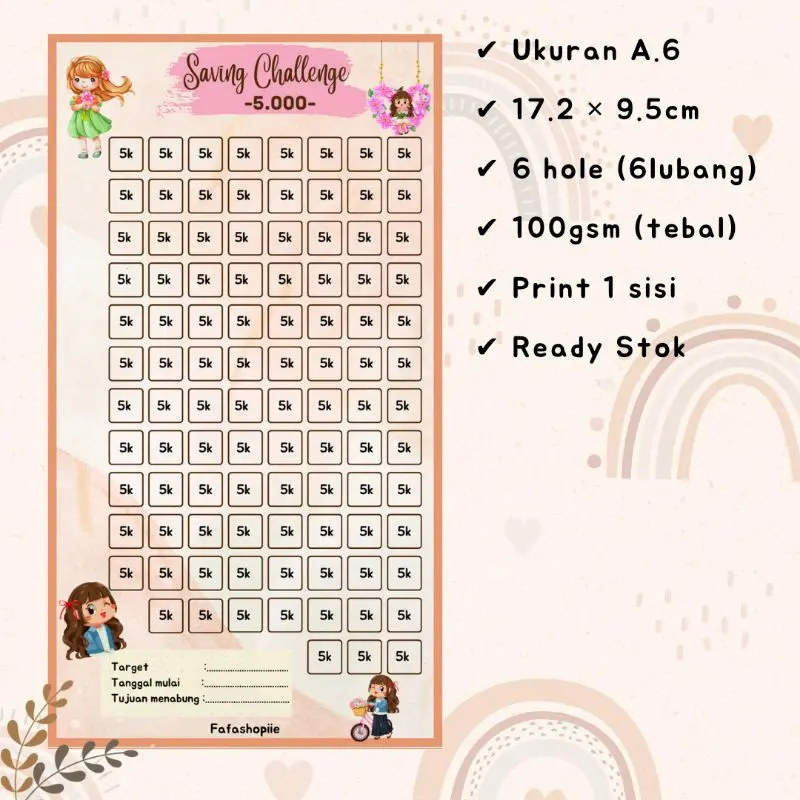 Saving Challenge A6 Ring 6 Lubang / Isi 6 Lembar Bundle 6 Pcs Sticker 1