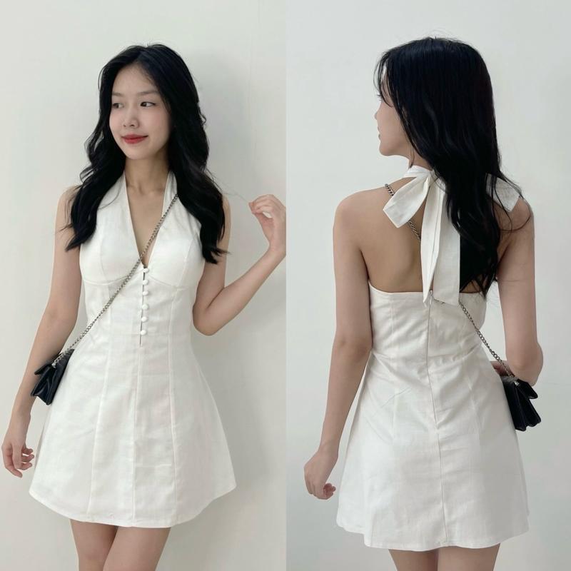 Đầm Nữ Cổ Yếm Linen Nút Bọc [Một Mẩu House]