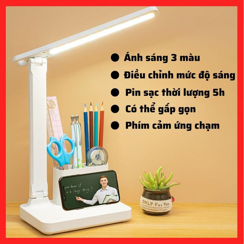 Đèn bàn học tích điện 3 màu ánh sáng WhitePro có hộp bút, điều chỉnh độ sáng chống cận bảo vệ thị lực
