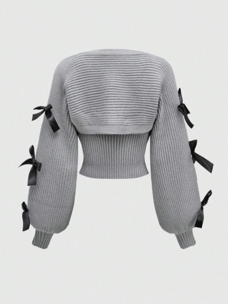 Product Introduction of Women's Solid Ribbed Cami Top & Bow Decor Long Sleeve Crop Cardigan Two-Piece Set, Casual Fashion Knitwear Set for Daily Outdoor Wear, Women Knitwear for Spring & Fall 3
