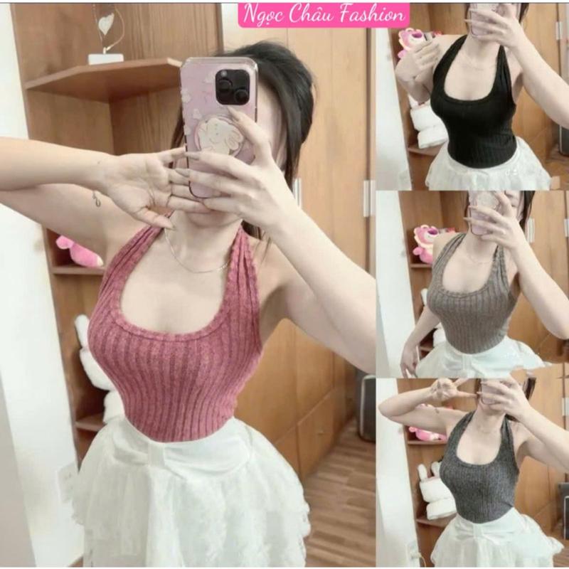 Dưới 52kg Áo yếm choàng cổ chất len lông co dãn crotpop chuẩn xịn ôm body hở lưng cực sexy