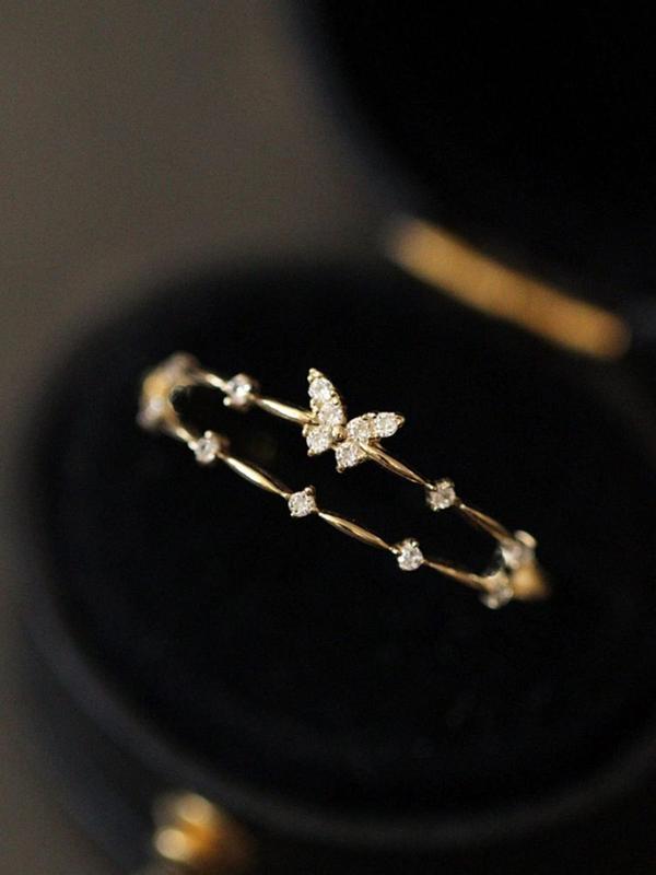 Women's Double-layered Artificial Zircon & Butterfly Design Adjustable Ring Without Box, Elegant Fashion Accessories for Women & Girls Party Wedding Gift 4