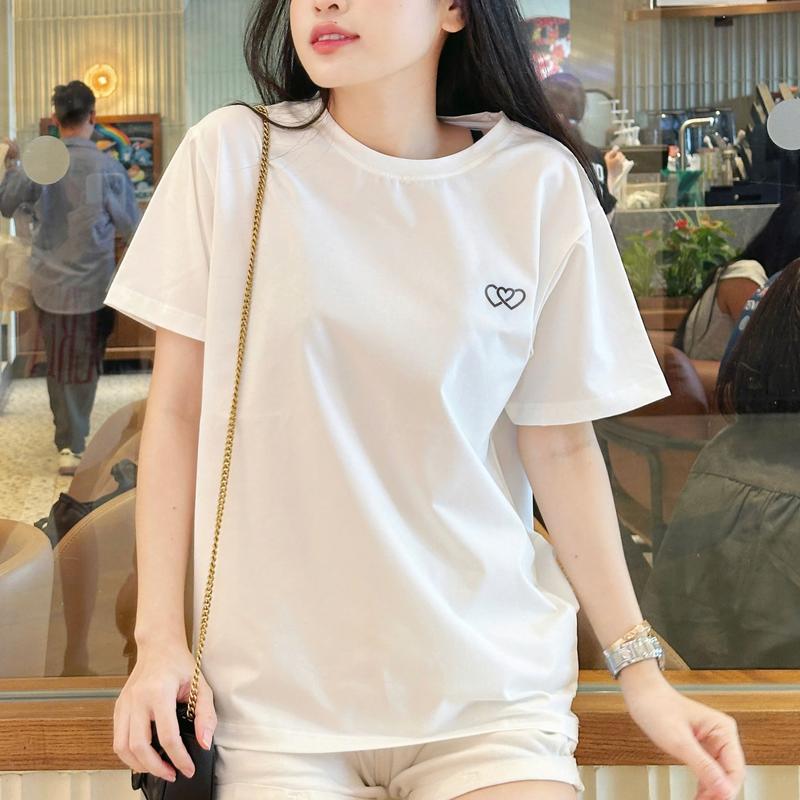 Áo Thun Ngắn Tay, Áo Phông Trắng, Đen, Hồng, Đỏ Đô THEU TRIPLE TIM Thiết Kế Chất Liệu Cotton Dày Dặn, Mịn Đẹp Nữ Top