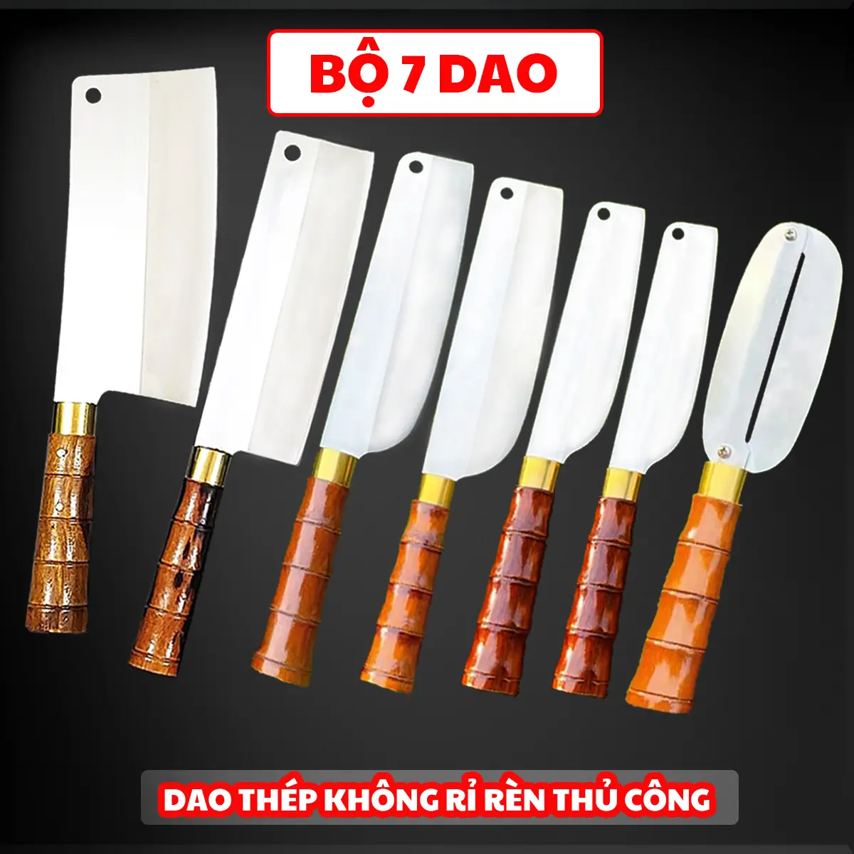 Bộ 7 Dao Thép Trắng 420HC Không Rỉ Cán Trúc