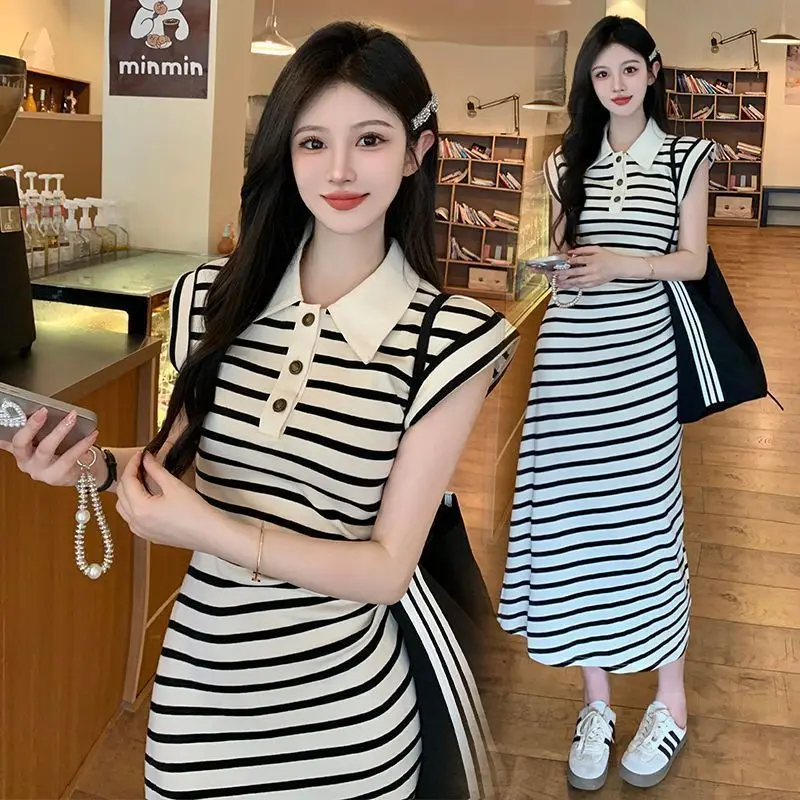 Váy Cổ Polo Sọc, Ngoại Cỡ, Quần Áo Nữ, Phong Cách Hàn Quốc, Váy Mùa Hè, Thích Hợp Cho Cô Gái Đầy Đặn, Thường Ngày, Bó Sát Eo, Bó Sát, Bó Sát, Váy Dài