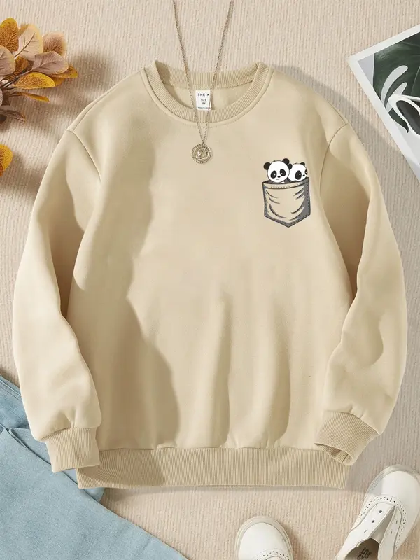 NEOCLOTH Sweater PANDA Wanita Crewneck Oblonng Remaja Dewasa Cewe flecce Murah Santai Hitam Coksu Mint Denim Fleece Panjang 1