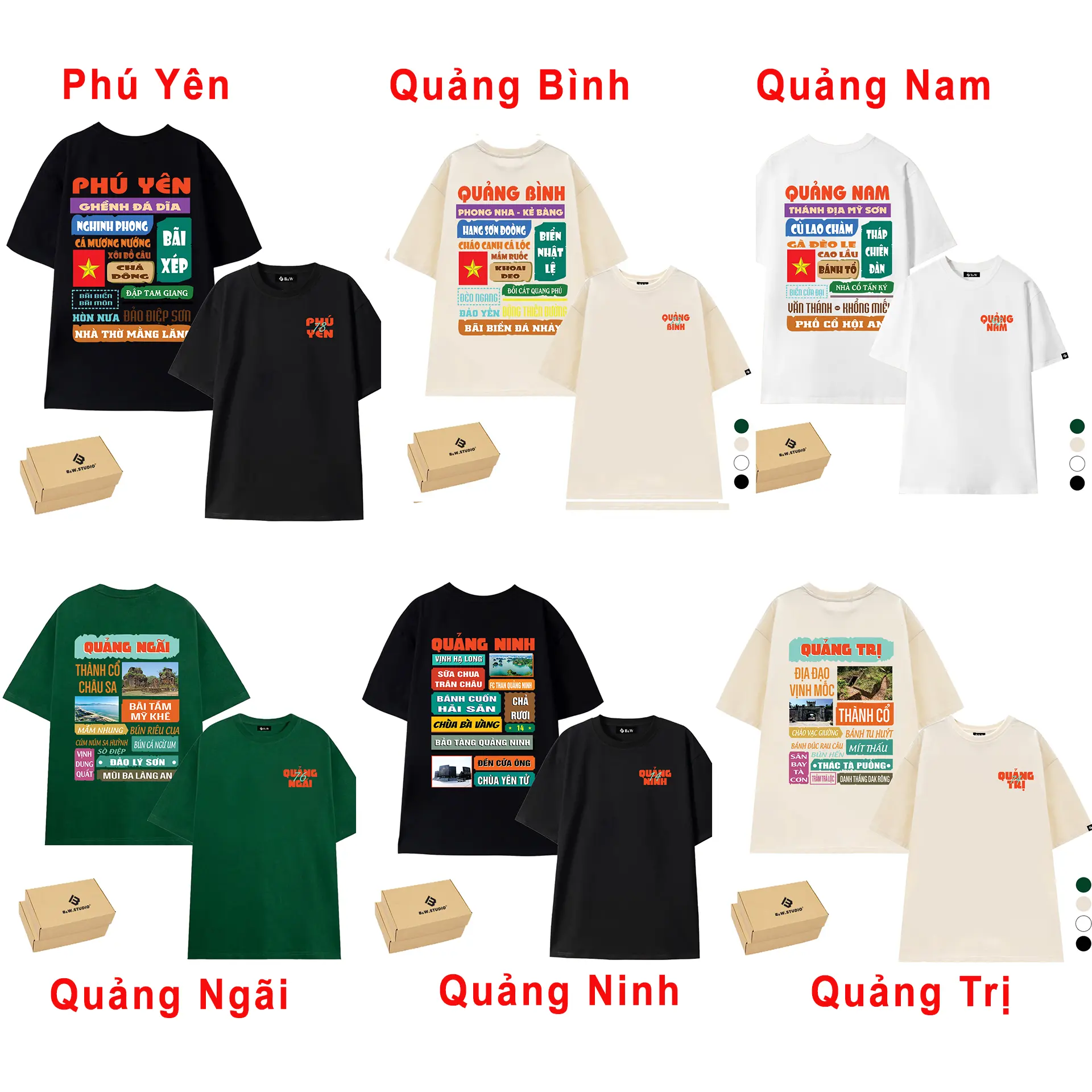 Áo 63 Tỉnh Thành Việt Nam: Phú Yên, Quảng Bình, Quảng Nam, Quảng Ngãi, Quảng Ninh, Quảng Trị, Áo Thun B&W Studio, Chất Liệu Cotton, Dày Dặn, Form Rộng Unisex M-2XL