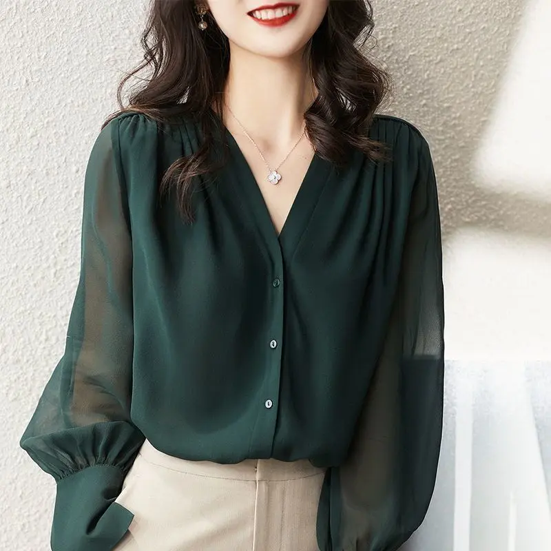 Áo Sơ Mi Dài Tay Cho Nữ, Bộ Sưu Tập Mùa Xuân Và Mùa Thu 2024, Phong Cách Pháp, Thiết Kế Cổ Chữ V, Dáng Rộng Vừa Vặn, Thanh Lịch, Làm Bằng Voan, Thích Hợp Cho Phụ Nữ