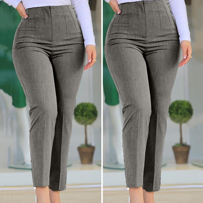Jianmeje High Waist Pleated Pockets Ninth-Length Women Trousers Solid Color Straight Leg Suit Pants 7