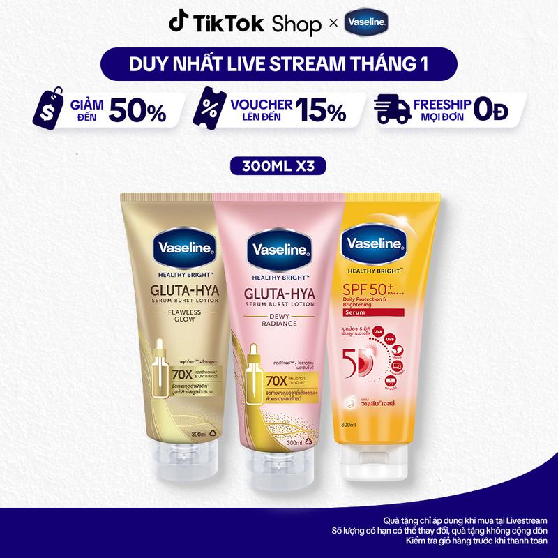   1  Combo 3 Sữa Dưỡng Da Body Nữ Vaseline Gluta-Hya Lotion Hỗ Trợ Dưỡng Body Ngày Đêm 330mlx2 + Serum Chống Nắng Vaseline Với SPF50+PA++++ Hỗ Trợ Bảo Vệ Da Nữ 300ml 