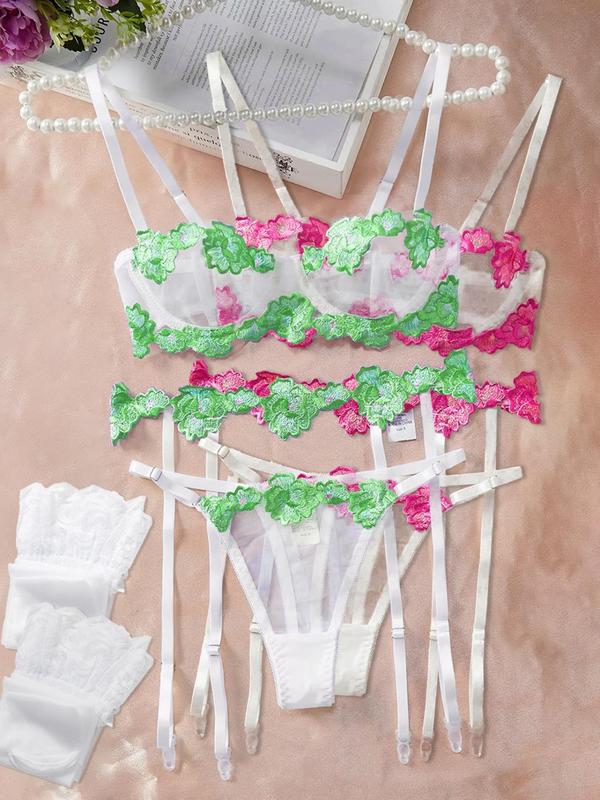 Women's Floral Lace Bra & Thong & Garter Belt & Stockings & Gloves Set, Sexy Comfy Breathable Lingerie Set for Women, Women's Underwear for All Seasons 2