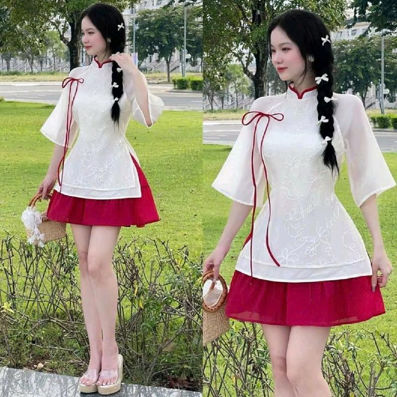 SÉT ÁO DÀI CÁCH TÂN THÊU HOA ĐÍNH NƠ KÈM CHÂN VÁY XÒE TRẺ TRUNG MẶC TẾT SIÊU XINH CÓ 3 MÀU,3 SIZE S,M, Nữ Tre Top tết Women 3